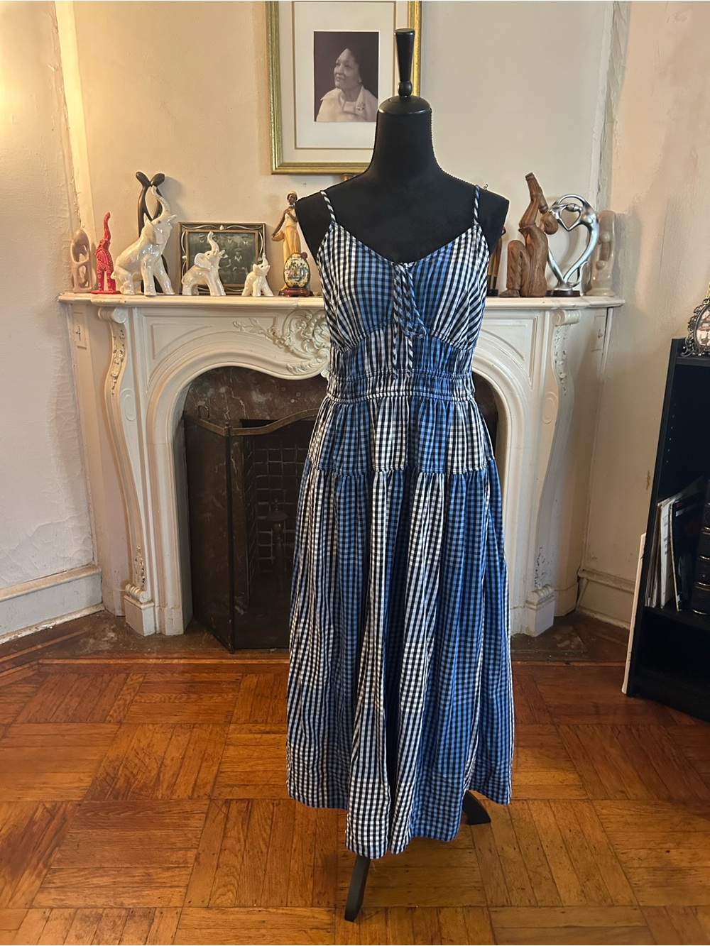 Smocked Blue Gingham Midi Dress with Spaghetti Straps
